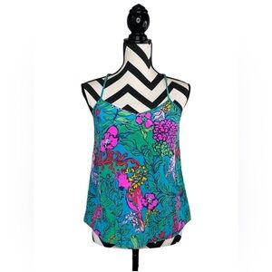 Lilly Pulitzer Sz M Dusk 100% Silk Shake Your Tail Feathers Tank Top